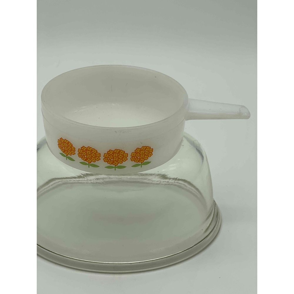 Glassbake Milk Glass bake Yellow Orange Floral‎ Handle Casserole Dip Bowl